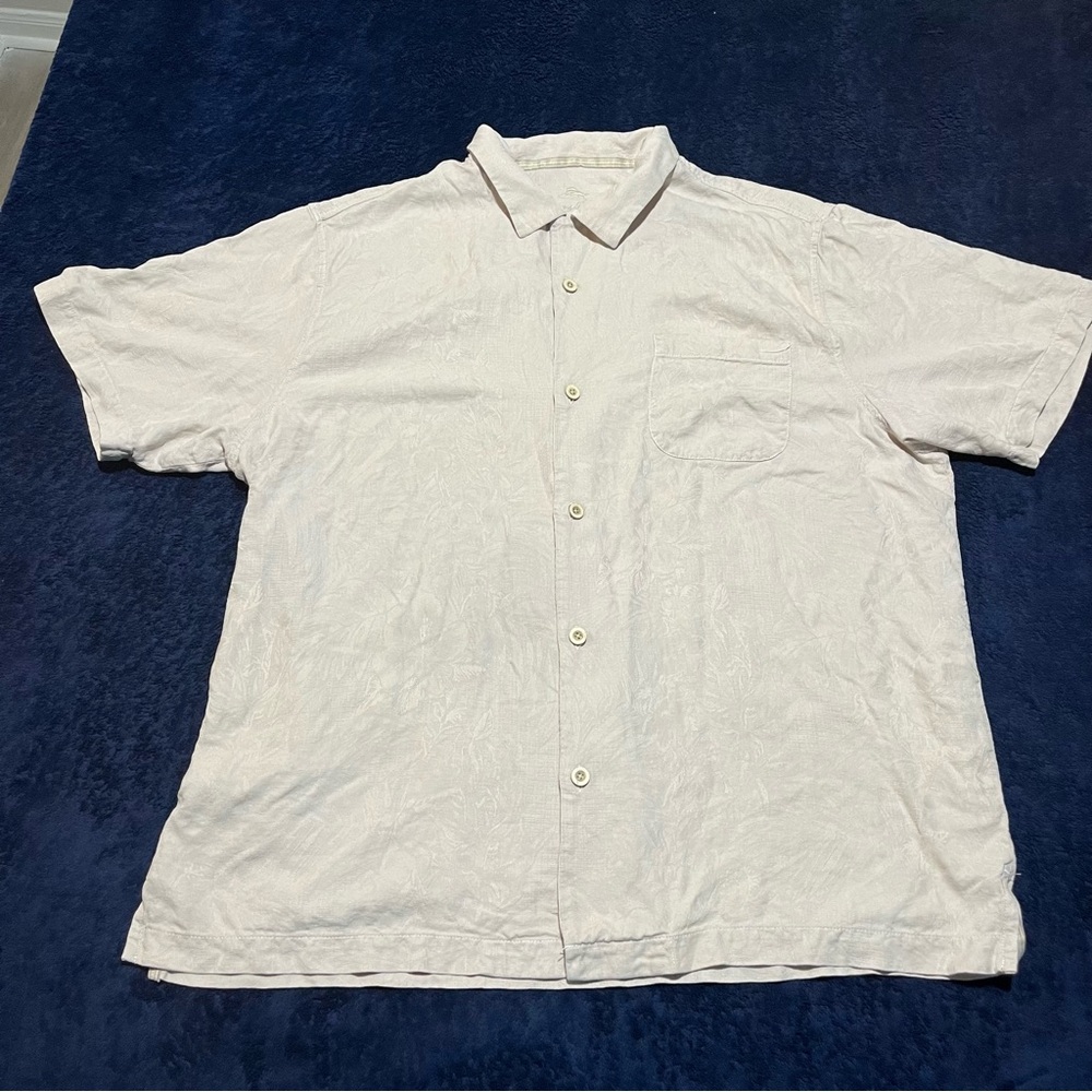 Vintage Tommy Bahama Shirt Mens XL Beige Burnout Silk Hawaii Floral Button Beach